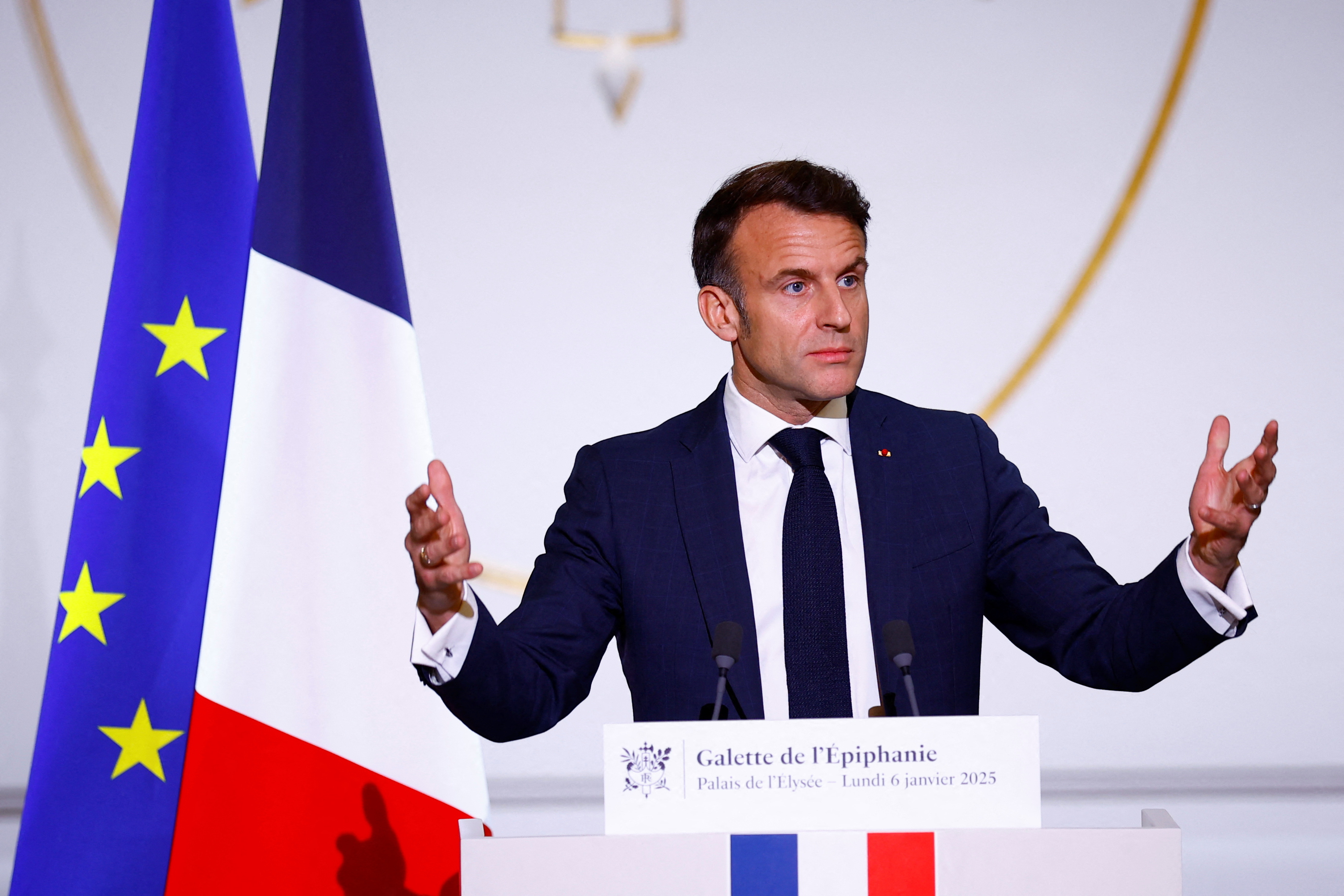 President Macron speaking at the Epiphany cake ceremony at the Élysée Palace.